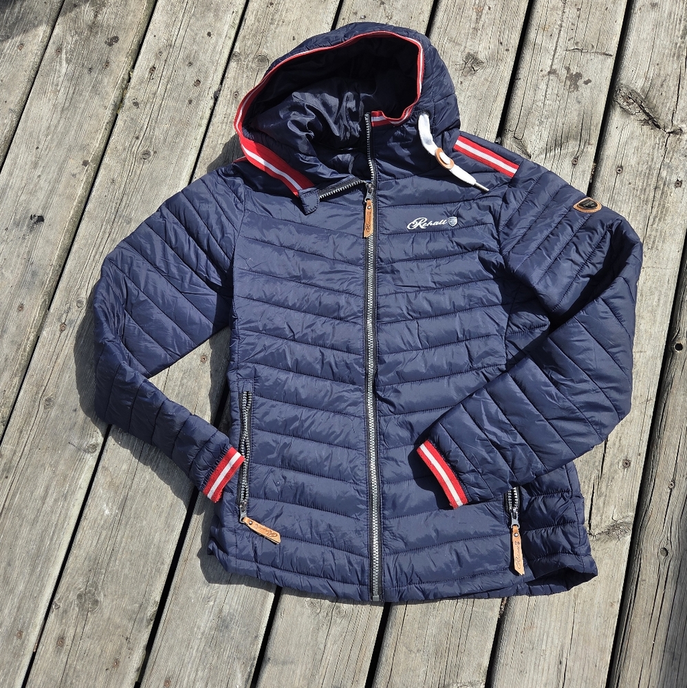 Blue Ski Jacket with Red Accents and Insulated Design